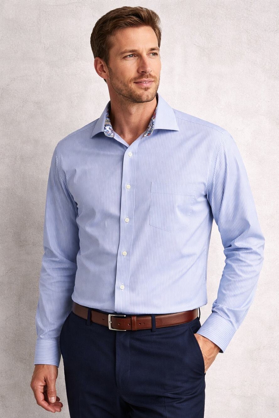 Egara Dress Shirt XL 17 1/2 Blue Stripe Contrast Collar Modern Classic
